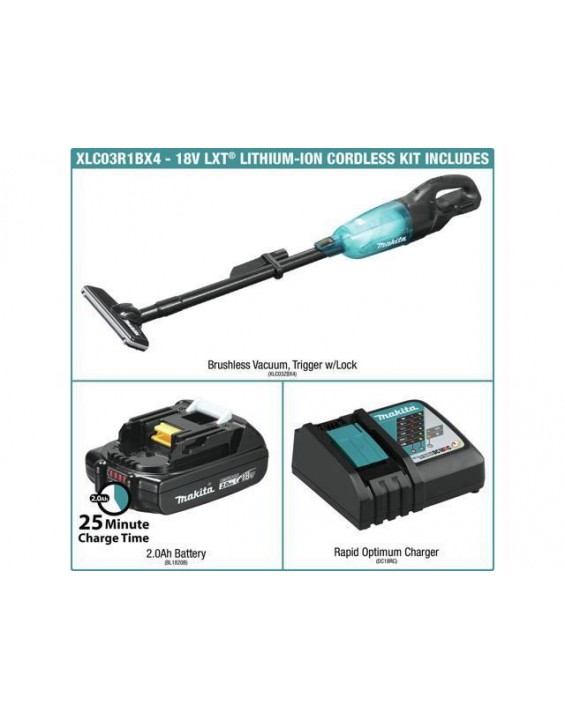 Makita xlc03r1bx4 18v lxt lithium-ion compact brushless cordless vacuum kit, trigger with lock (2 ah)